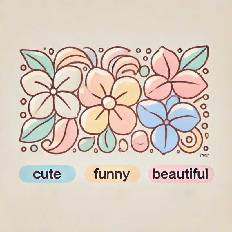 形容詞の例：cute, funny, beautiful