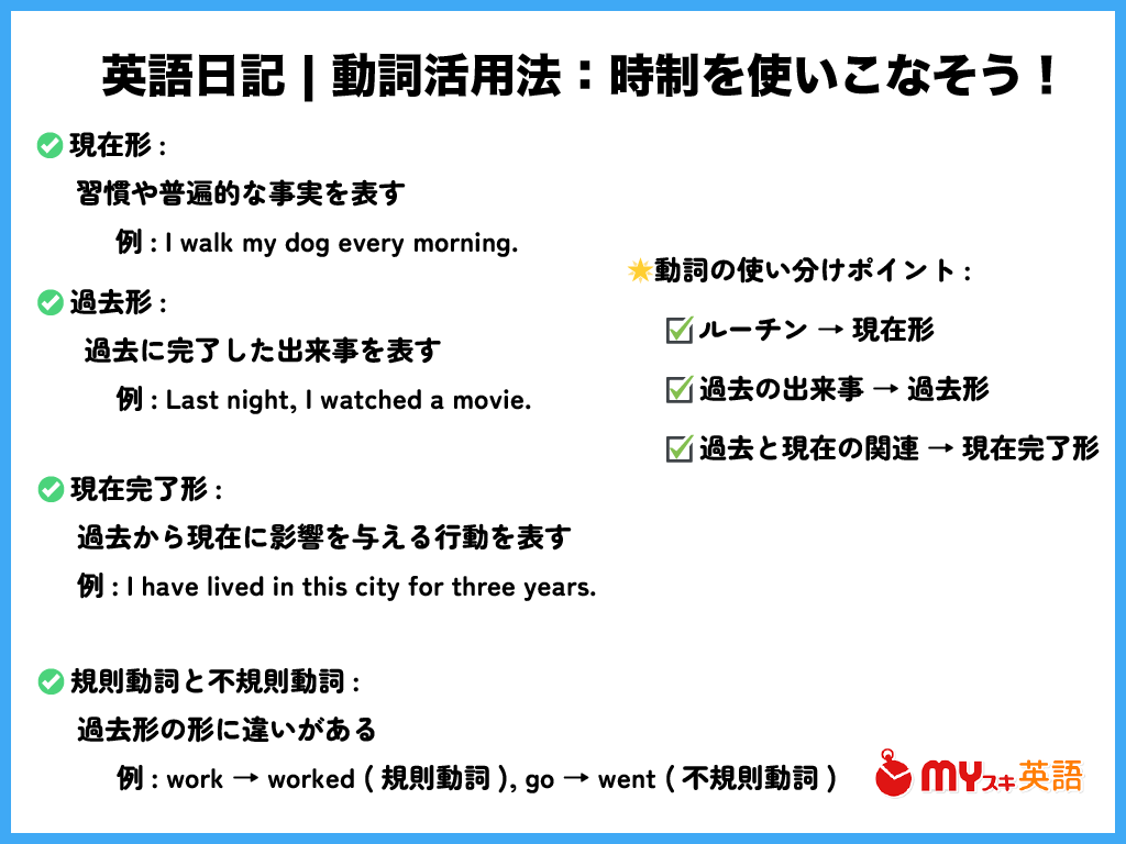 まとめ：英語日記には欠かせない「動詞」とその「時制」